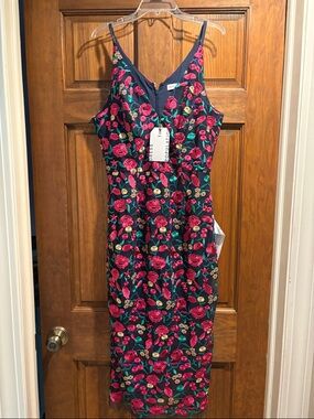 Dress the Population Navy Midi Dress with Pink Rose Embroidery
